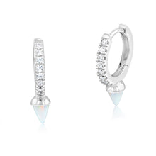 Load image into Gallery viewer, Sterling Silver Rhodium Plated Created White Opal &amp; Zirconia Hoop Earrings