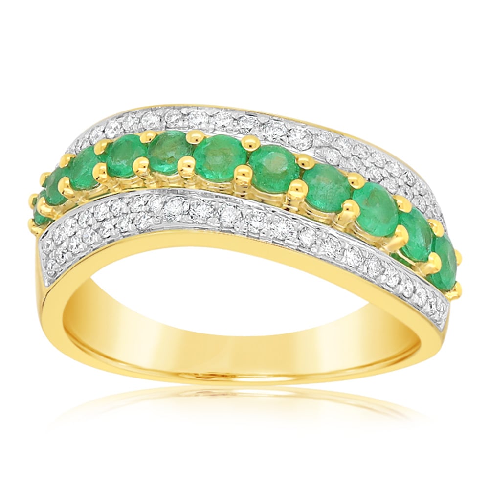 18ct Yellow And White Gold Diamond And Natural Emerald Ring