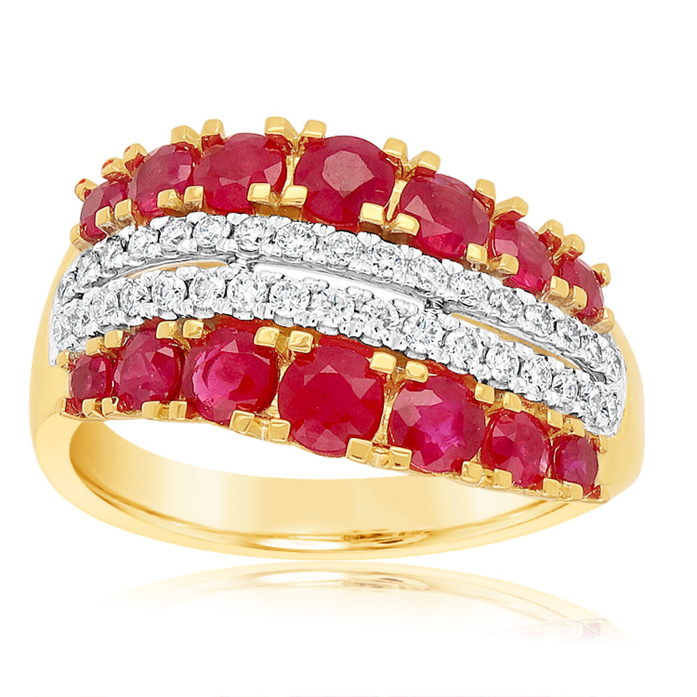 18ct Yellow And White Gold Diamond And Natural Ruby Ring