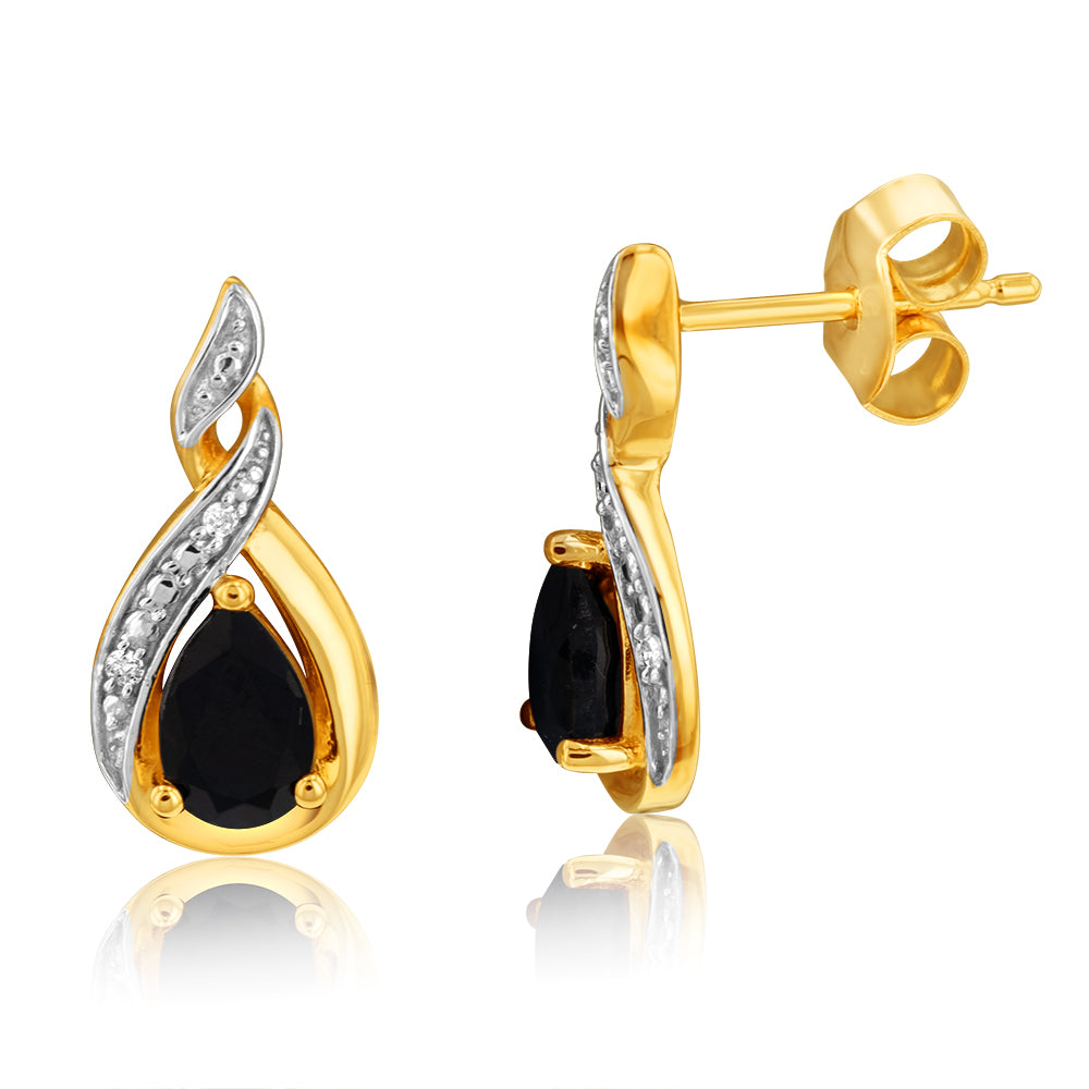 9ct Yellow Gold Diamond And Sapphire Drop Earrings