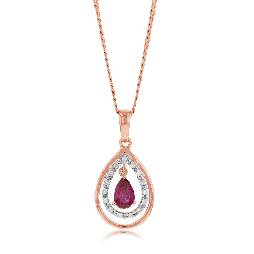 9ct Yellow Gold Diamond And Created Ruby Pendant
