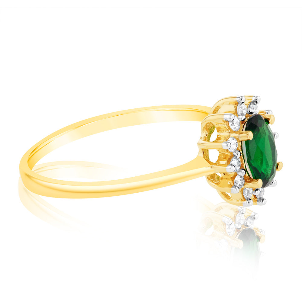 9ct Yellow Gold Diamond And Glass Filled Emerald Ring