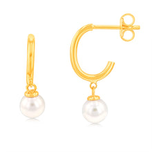Load image into Gallery viewer, 9ct Yellow Gold Fresh Water Pearl On 3/4th Hoop Earrings