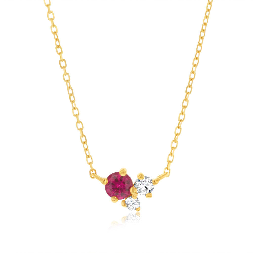 9ct Yellow Gold Ruby Red And White Zirconia Pendant On Chain