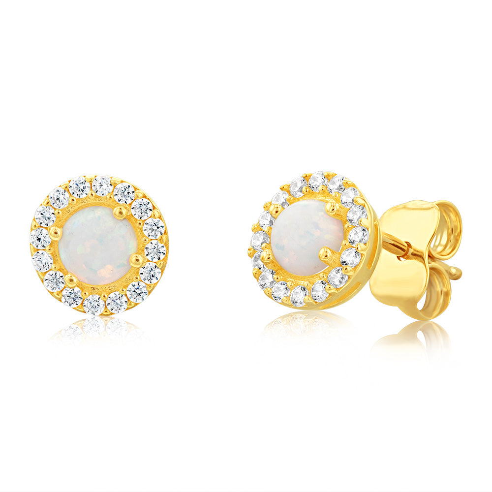 9ct Yellow Gold Round Opal And Zirconia Stud Earrings