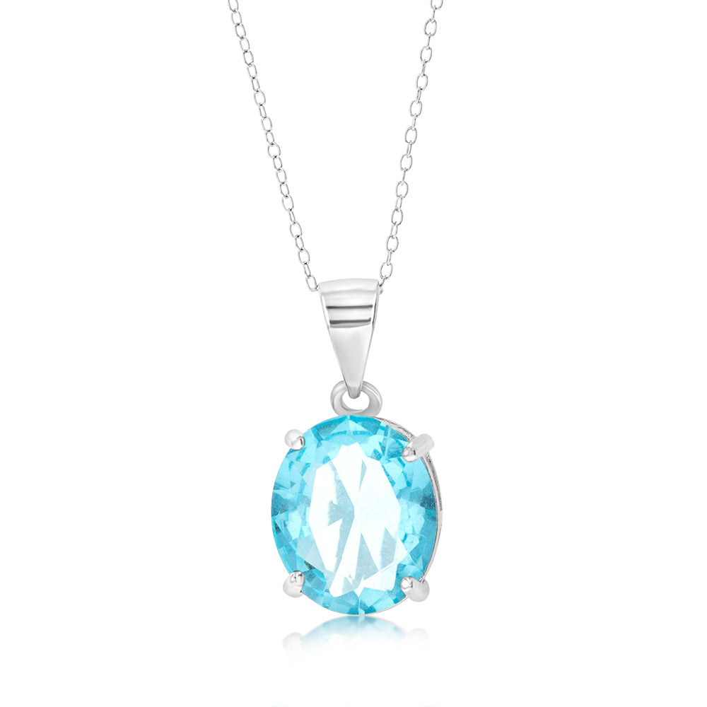 Sterling Silver Oval Created Blue Topaz Pendant