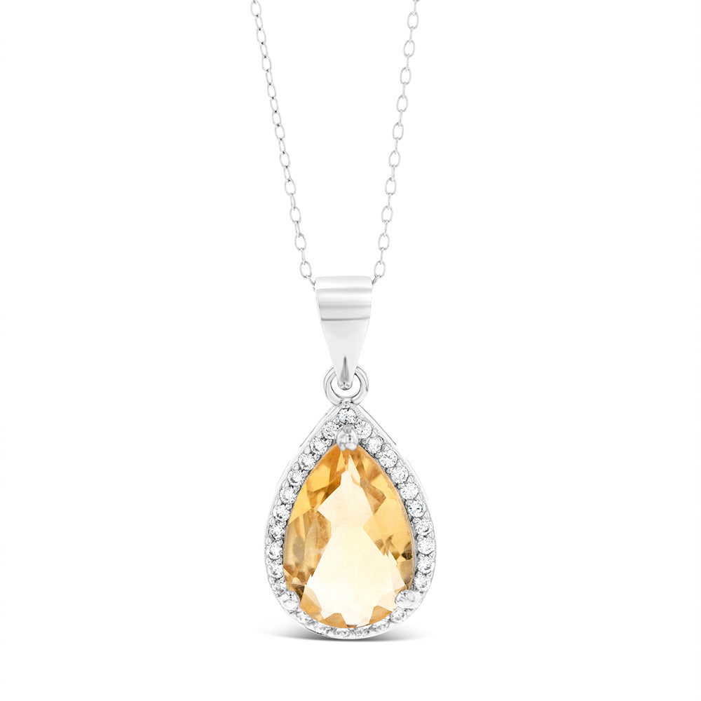 Sterling Silver Pear Citrine And Zirconia Pendant
