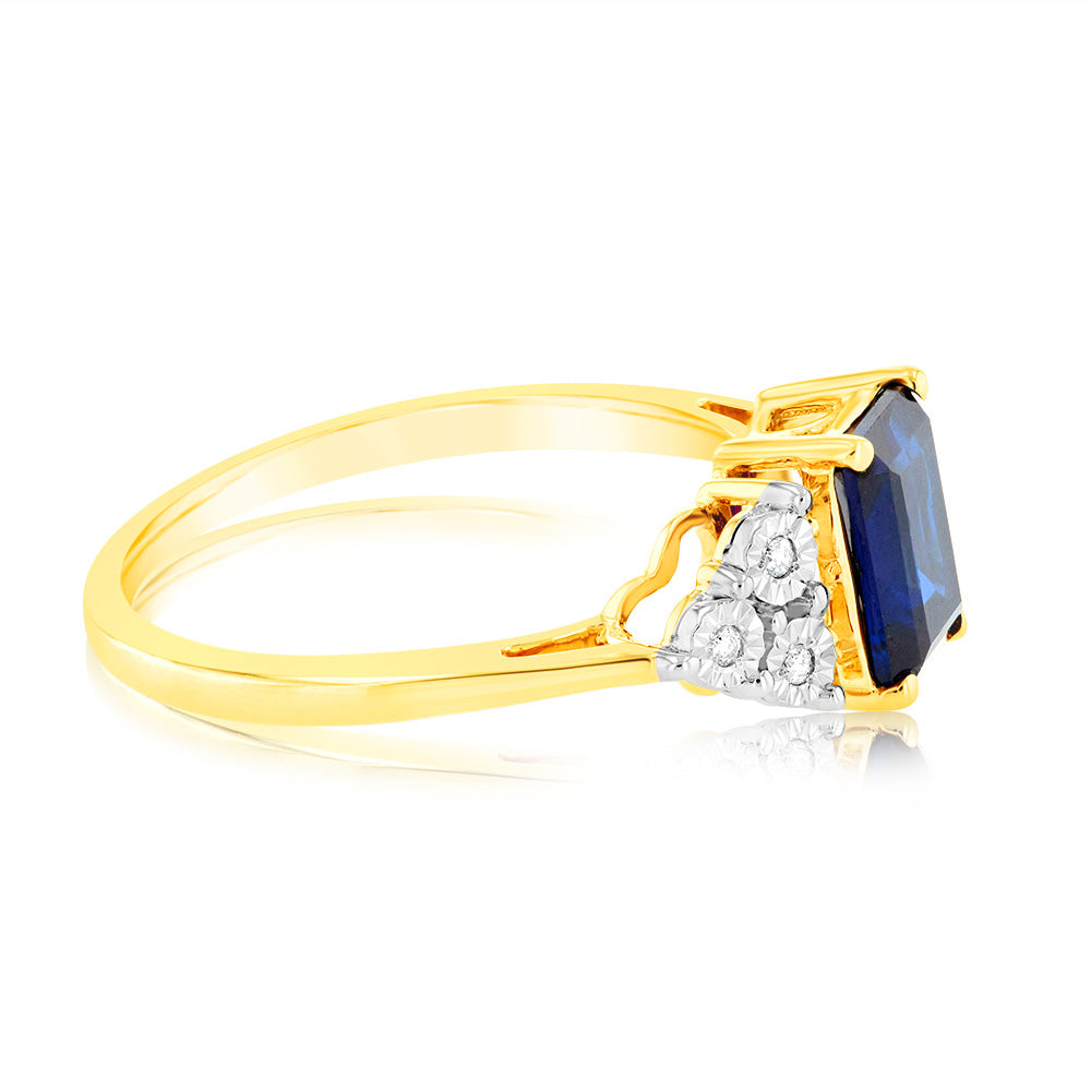 9ct Yellow Gold 7mm Created Sapphire And Diamond Ring