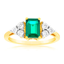 Load image into Gallery viewer, 9ct Yellow Gold 7mm Created Emerald And Diamond Ring