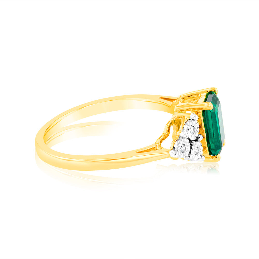 9ct Yellow Gold 7mm Created Emerald And Diamond Ring