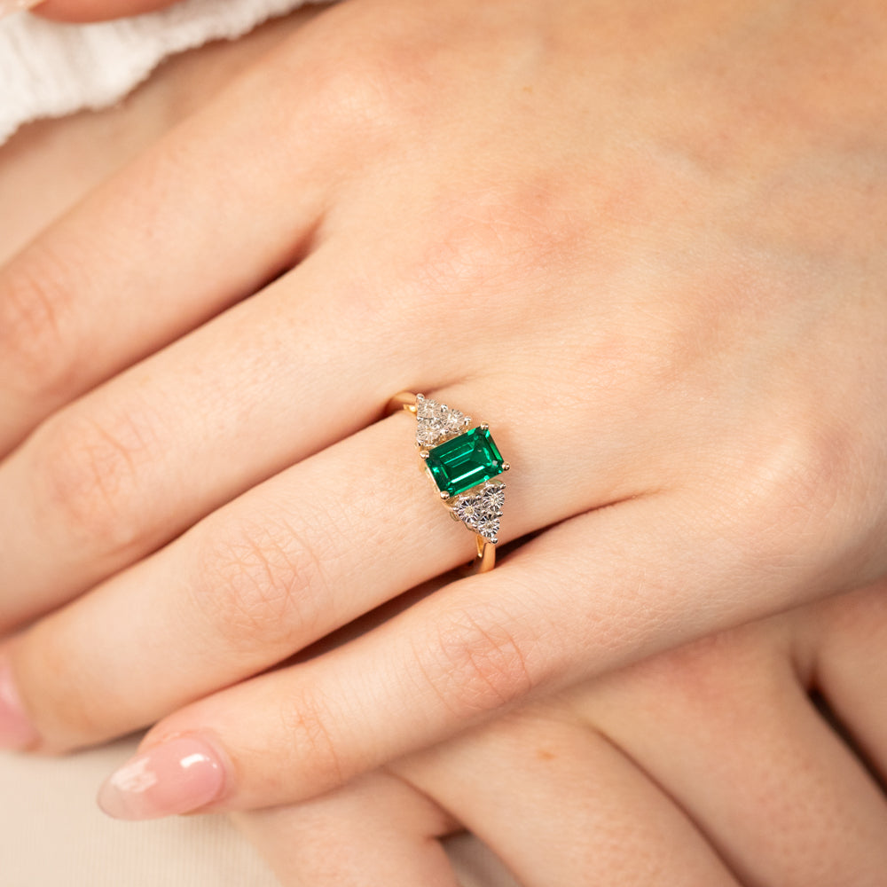 9ct Yellow Gold 7mm Created Emerald And Diamond Ring