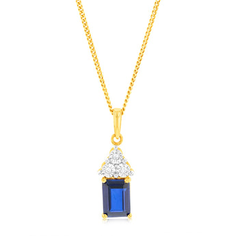 9ct Yellow Gold 7mm Created Sapphire And Diamond Pendant