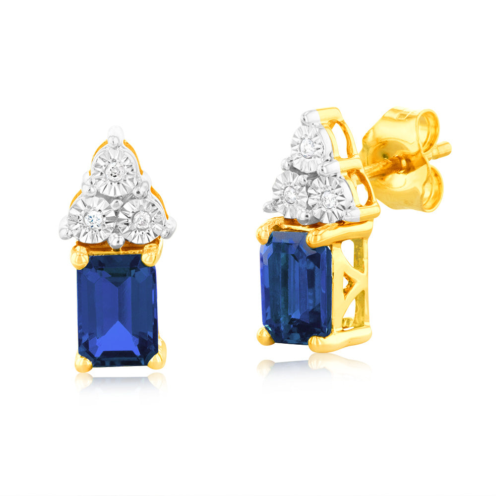 9ct Yellow Gold 6mm Created Sapphire And Diamond Stud Earrings