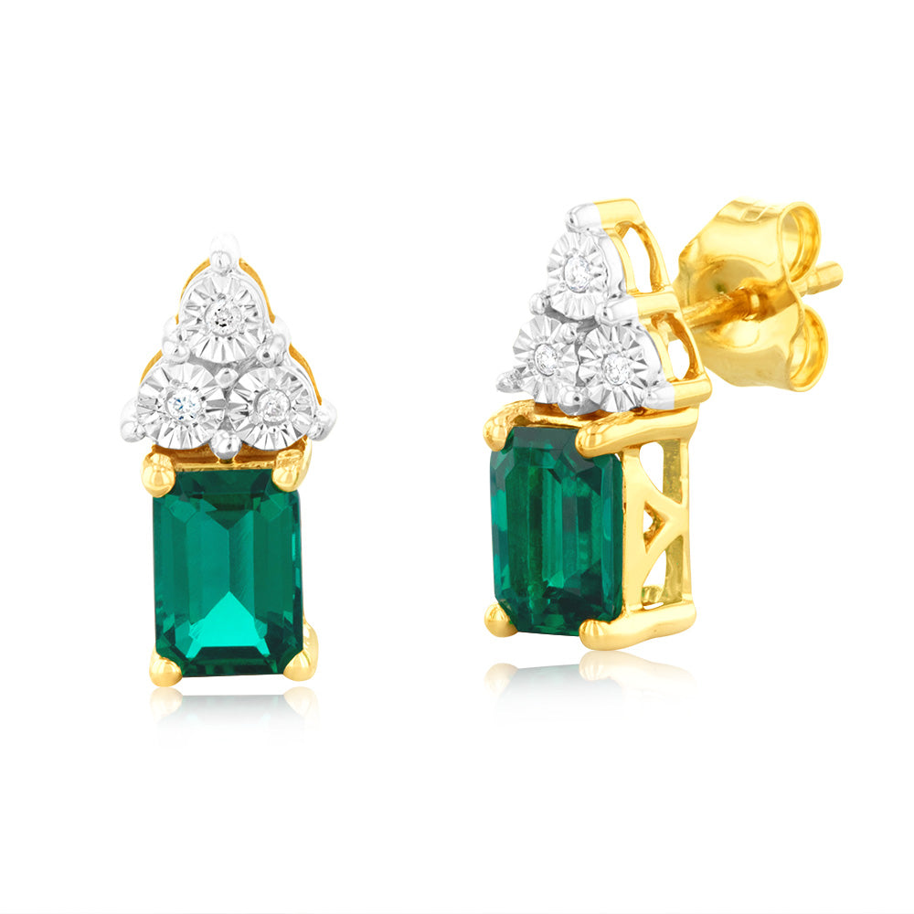 9ct Yellow Gold 6mm Created Emerald And Diamond Stud Earrings