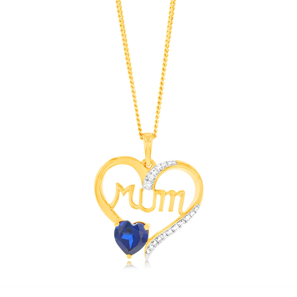 9ct Yellow Gold Created Heart Sapphire And Diamond Mum Heart Pendant