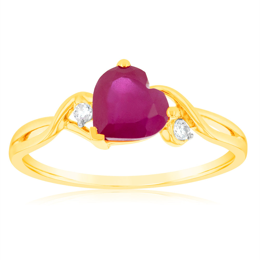 9ct Yellow Gold 7mm Created Heart Ruby And Diamond Ring