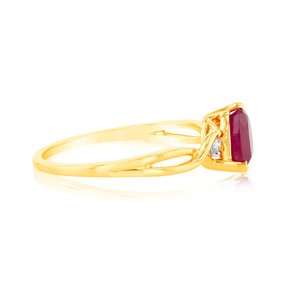 9ct Yellow Gold 7mm Created Heart Ruby And Diamond Ring