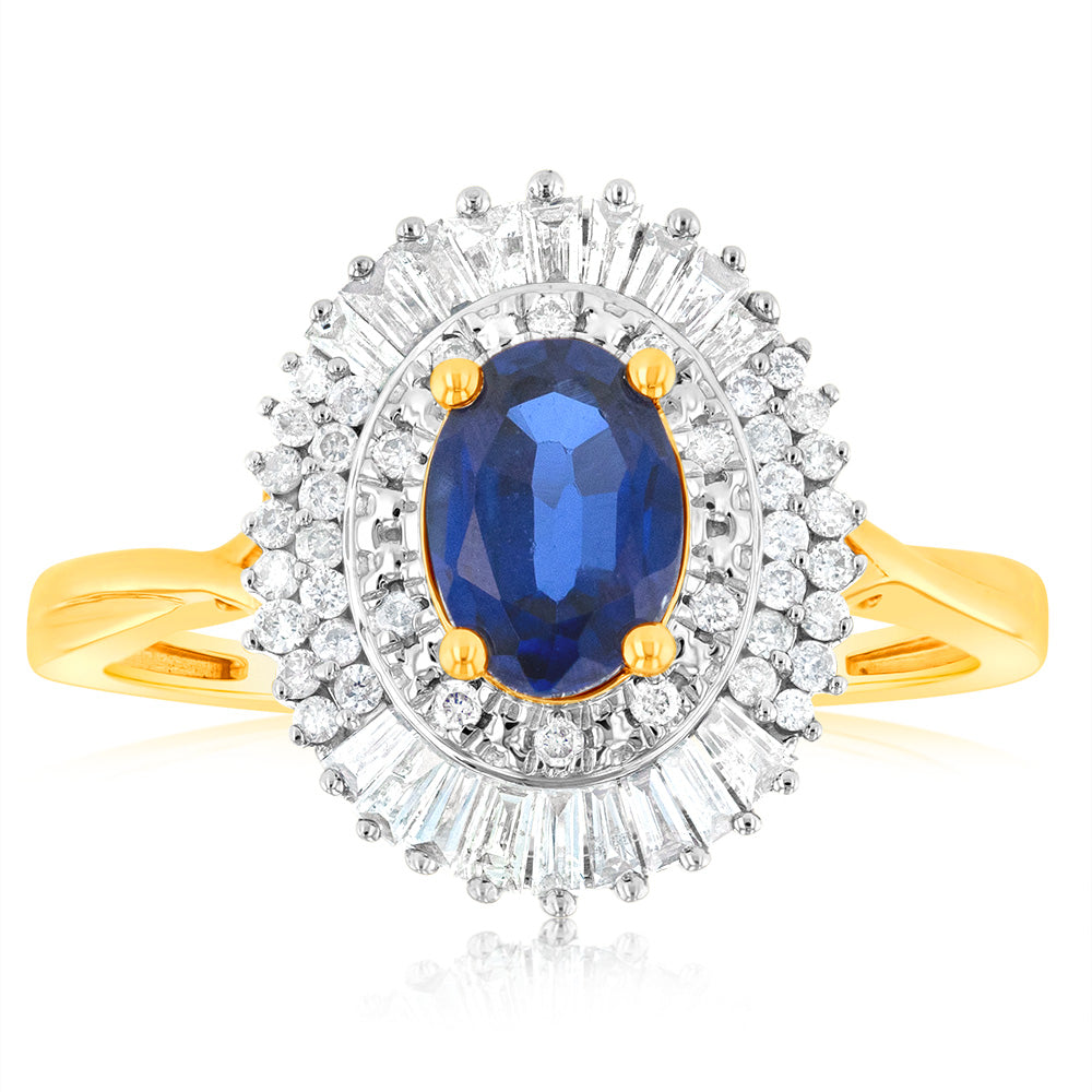 9ct Yellow Gold Oval Created Sapphire And Diamond Ring