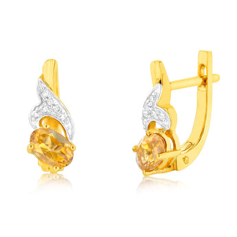 9ct Yellow Gold Citrine And Diamond Fancy Hoop Earrings