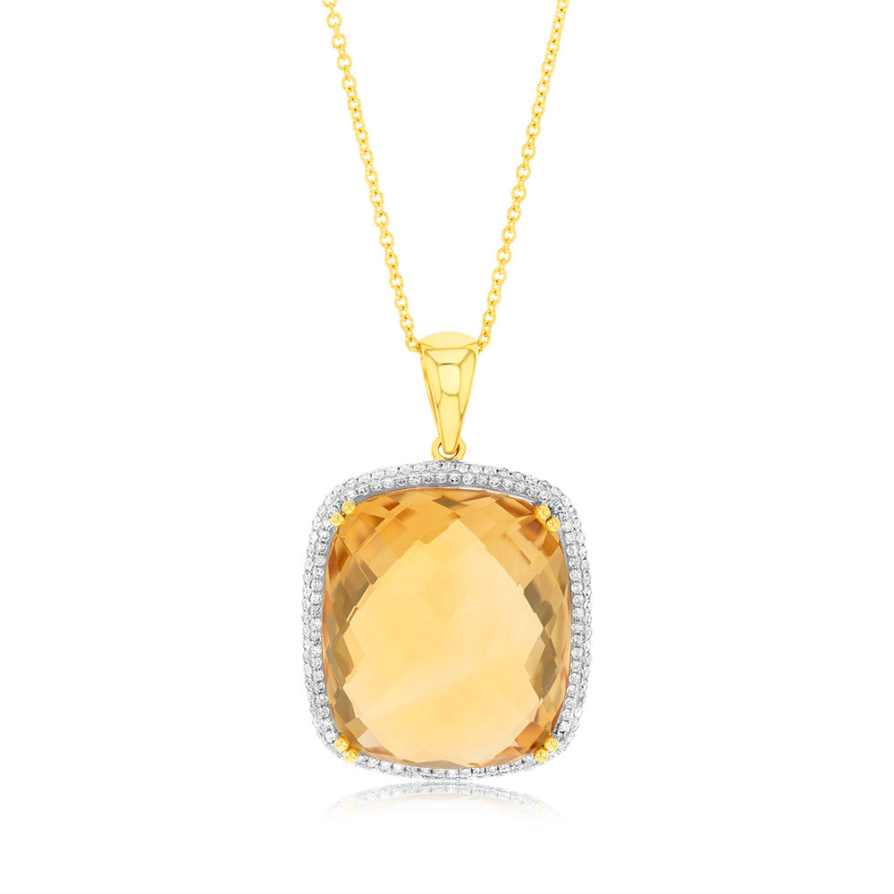 9ct Yellow Gold Natural Citrine And Diamond Pendant On Chain