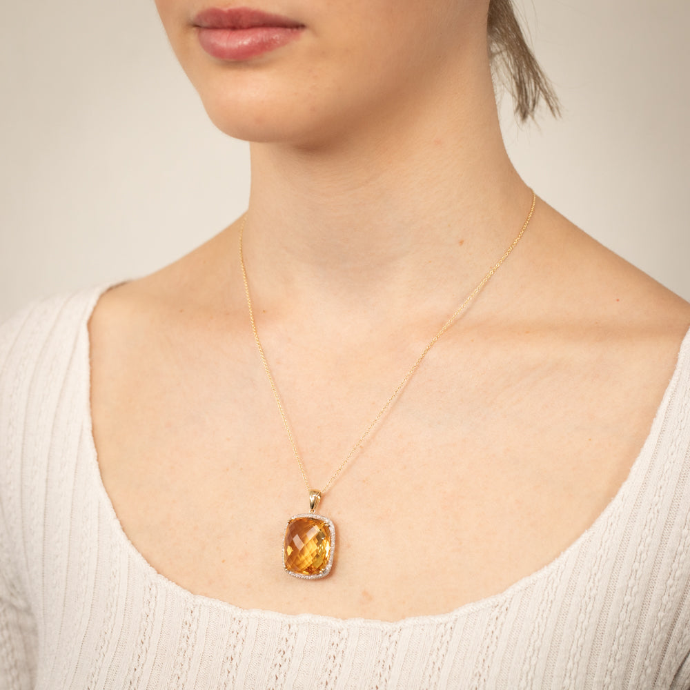 9ct Yellow Gold Natural Citrine And Diamond Pendant On Chain