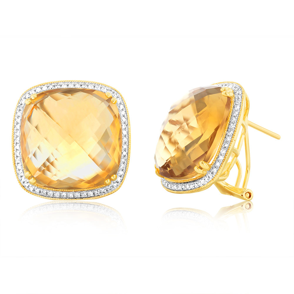 9ct Yellow Gold Natural Citrine And Diamond Fany Hoop Earrings