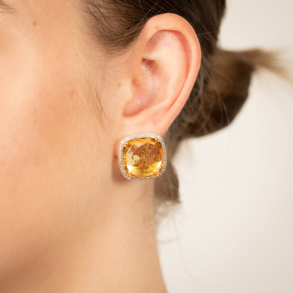 9ct Yellow Gold Natural Citrine And Diamond Fany Hoop Earrings