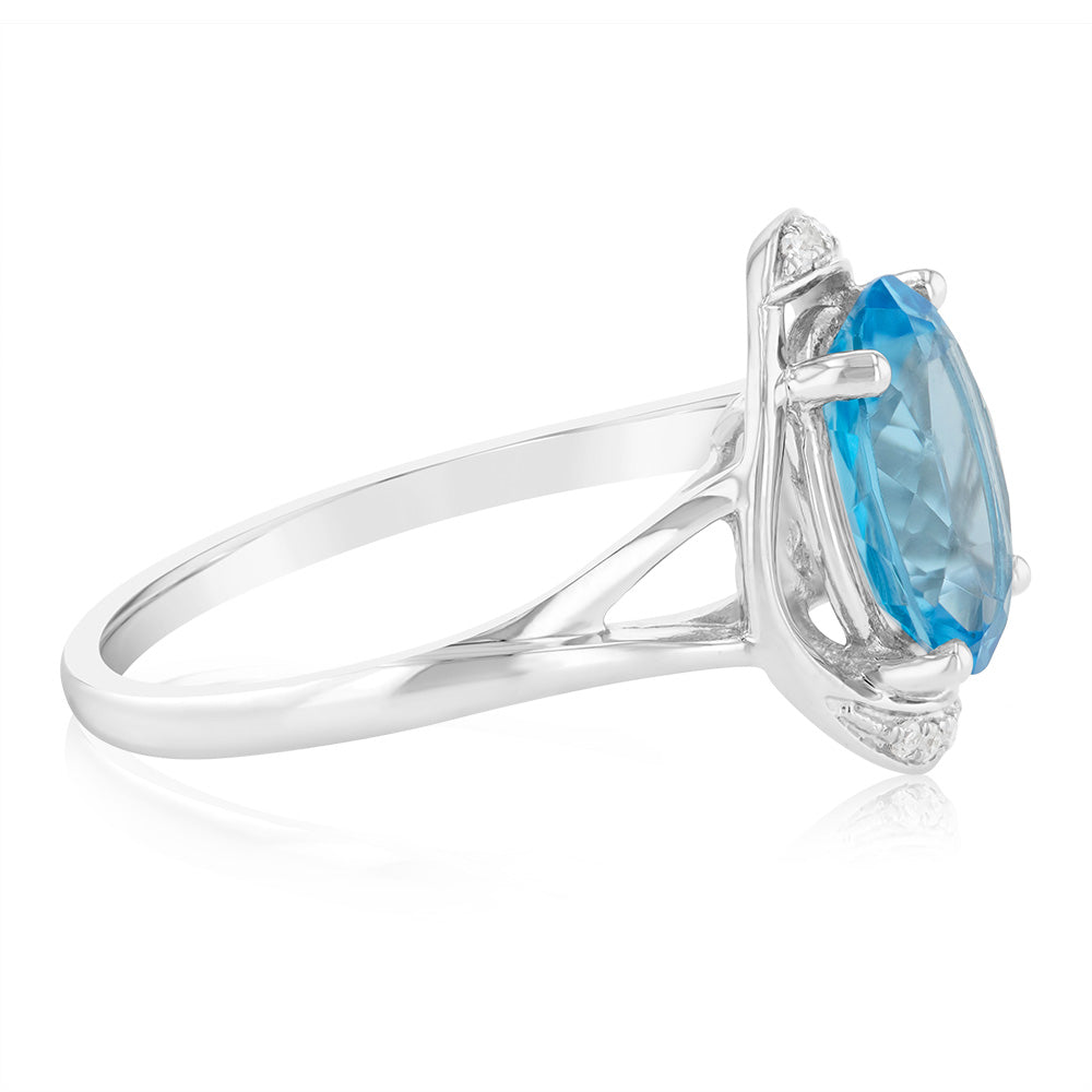9ct White Gold Natural Blue Topaz And Diamond Ring