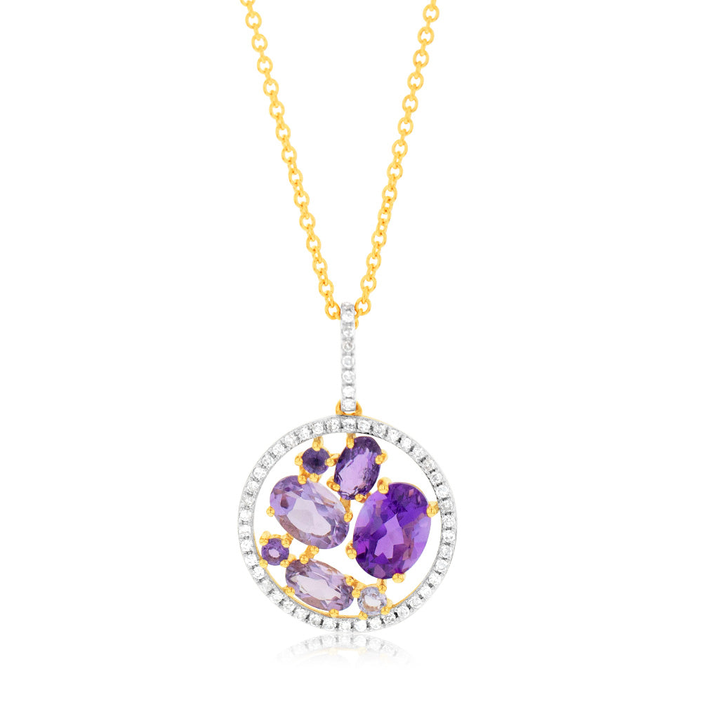 9ct Yellow Gold Natural Amethyst Pink Amethyst And Diamond Pendant On Chain