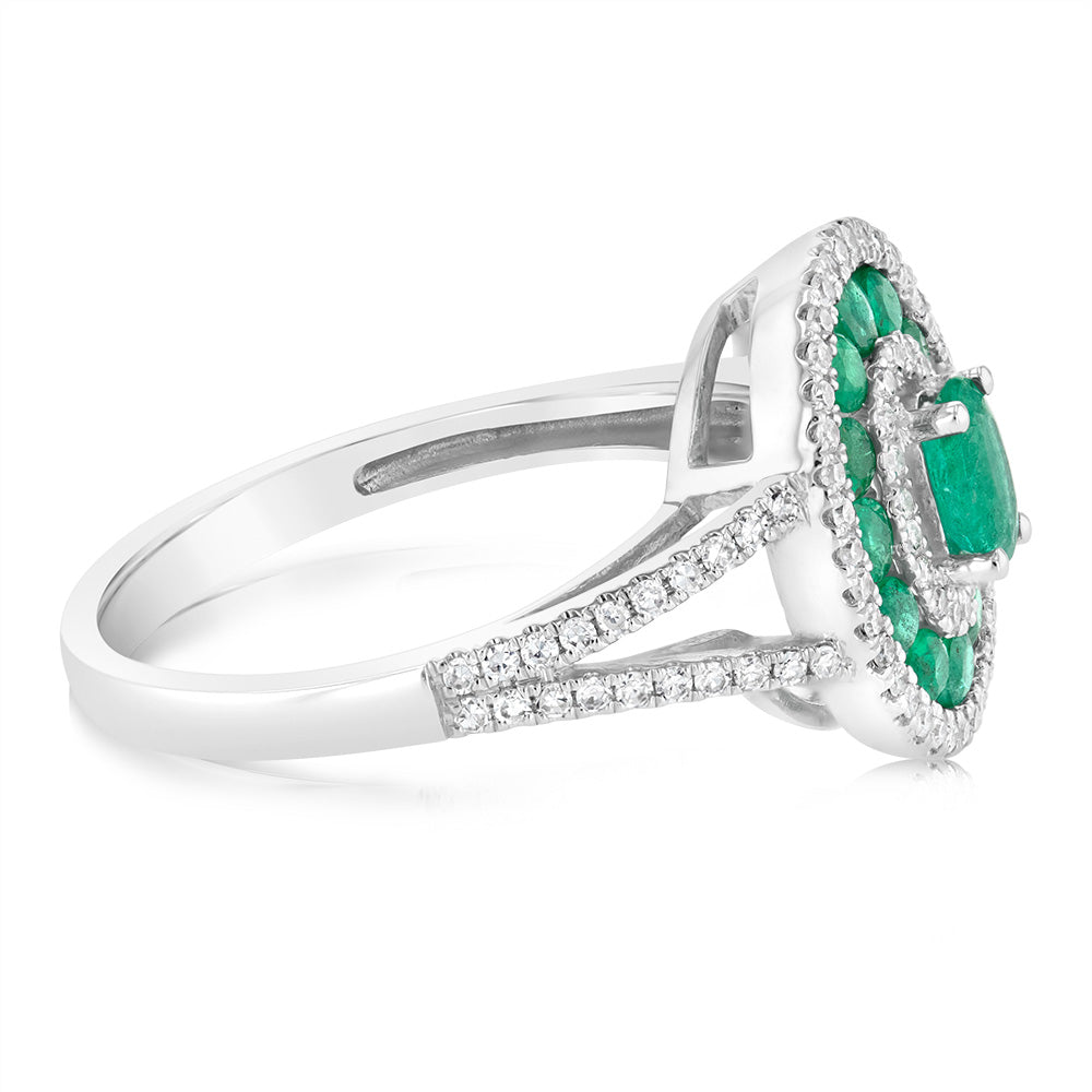 9ct White Gold Natural Emerald And Diamond Ring