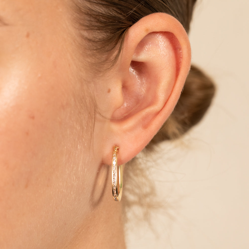 9ct Yellow Gold Double  Side Zirconia Elongated Hoop Earrings