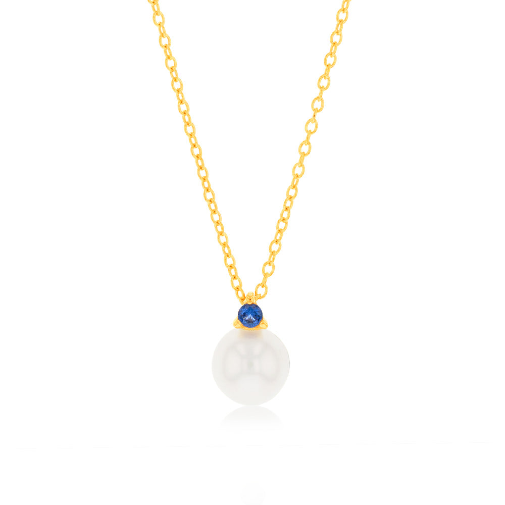 9ct Yellow Gold Sapphire Blue Zirconia And Fresh Water Pearl Pendant On Chain