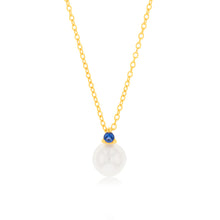 Load image into Gallery viewer, 9ct Yellow Gold Sapphire Blue Zirconia And Fresh Water Pearl Pendant On Chain