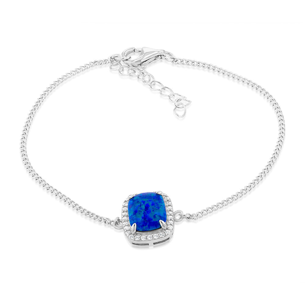 Sterling Silver Rhodium Plated Rectangle Created Blue Opal And White Zirconia 15.5+3cm Bracelet