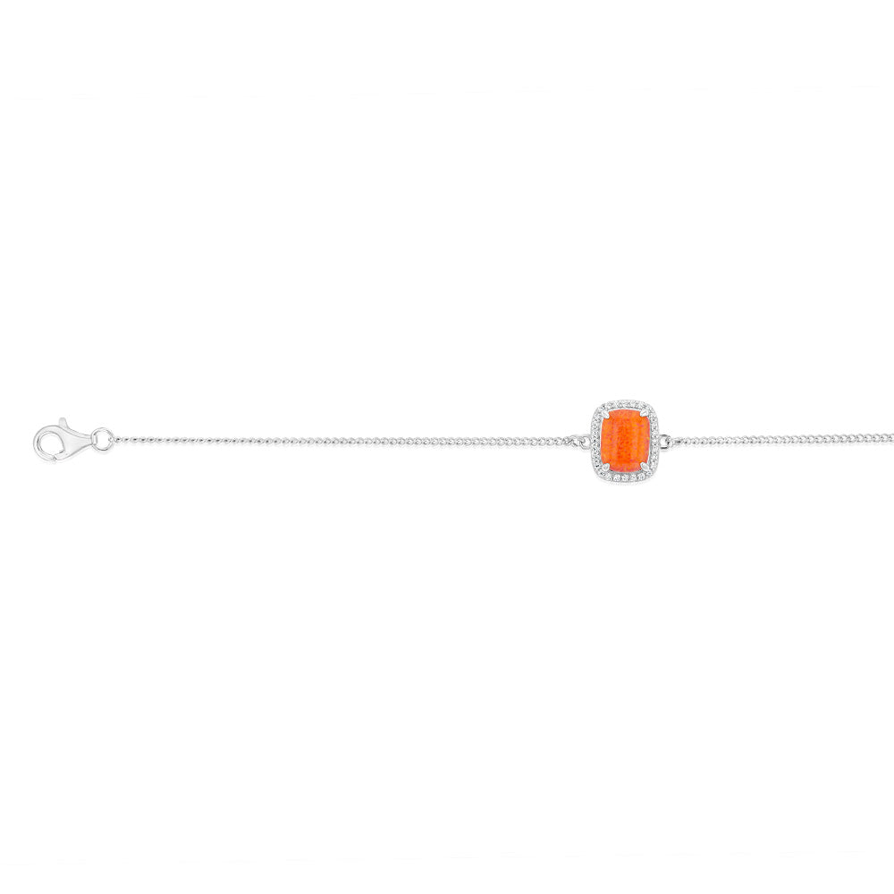 Sterling Silver Rhodium Plated Rectangle Created Orange Opal And White Zirconia 15.5+3cm Bracelet