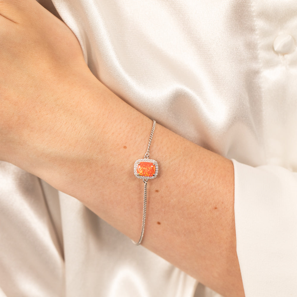Sterling Silver Rhodium Plated Rectangle Created Orange Opal And White Zirconia 15.5+3cm Bracelet