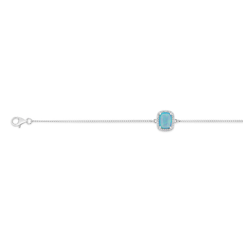 Sterling Silver Rhodium Plated Rectangle Created Turquoise Opal And White Zirconia 15.5+3cm Bracelet