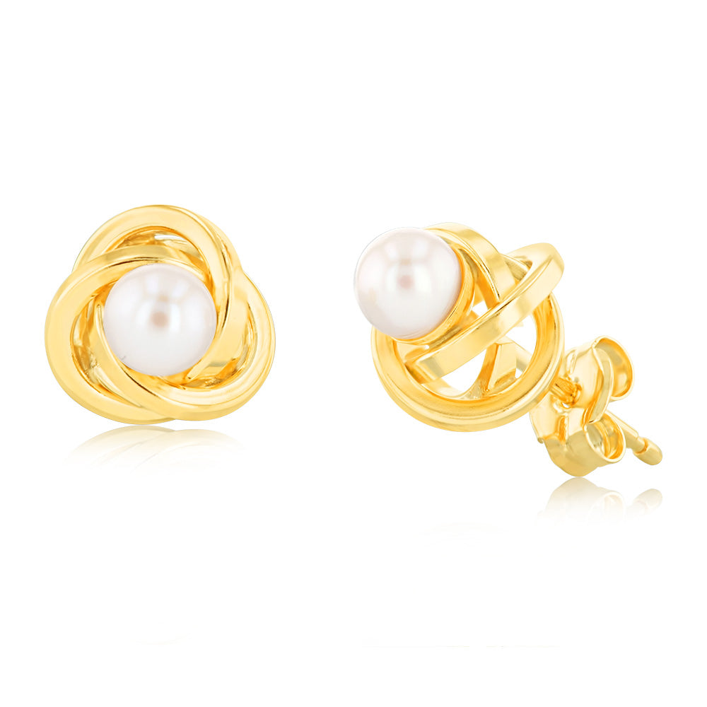 9ct Yellow Gold 4mm Fresh Water Pearl Knot Stud Earrings