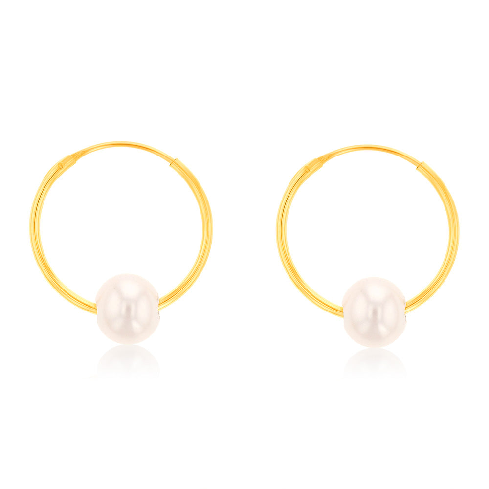 9ct Yellow Gold 5mm Fresh Water Pearl 13mm Sleeper Earrings