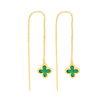 9ct Yellow Gold Malachite Clover Threader Drop Earrings