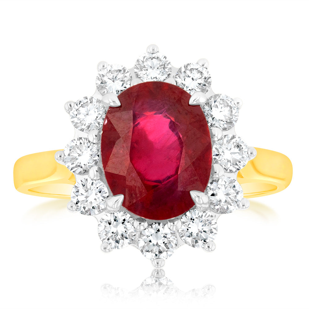 1 Carat Lab Grown Diamond and 4ct Natural Enhanced Ruby Ring in 9ct Ye ...