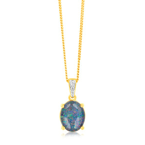 9ct Yellow Gold Oval Triplet Opal Diamond Pendant