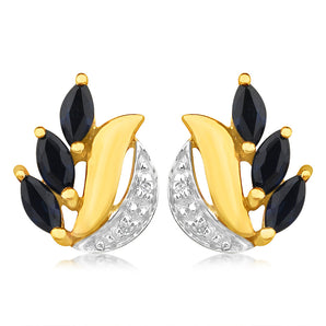 Natural Marquise Cut Dark Sapphire 0.13ct Diamond Stud Earrings in 9ct Yellow Gold