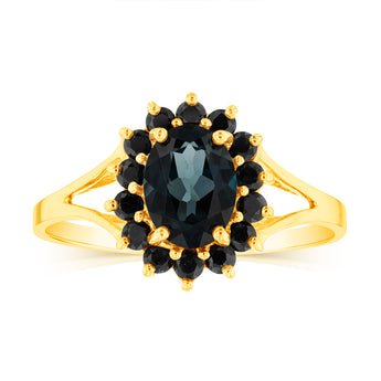 Natural London Round Blue Topaz & Black Oval Sapphire Ring in 9ct Yellow Gold