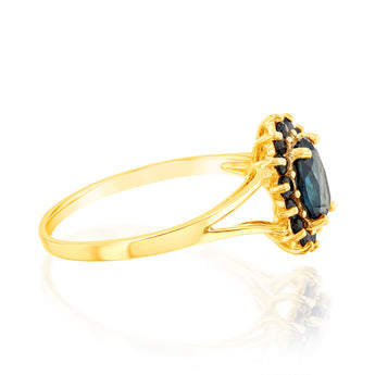 Natural London Round Blue Topaz & Black Oval Sapphire Ring in 9ct Yellow Gold