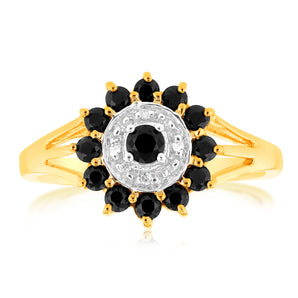 Natural Dark Round Sapphire & Diamond Ring in 9ct Yellow Gold