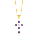 Natural Marquise Cut Amethyst Cross Diamond Pendant in 9ct Yellow Gold