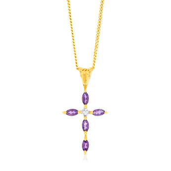 Natural Marquise Cut Amethyst Cross Diamond Pendant in 9ct Yellow Gold