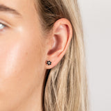 Natural Dark Round Sapphire 1.6mm & Small Diamond Flower Stud Earrings in 9ct Yellow Gold