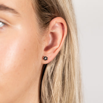 Natural Dark Round Sapphire 1.6mm & Small Diamond Flower Stud Earrings in 9ct Yellow Gold